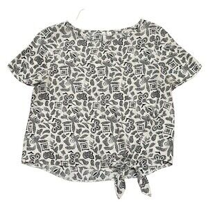 Cato Tie Front Black Ivory Tribal Short Sleeve Flowy Blouse Lightweight Sz M